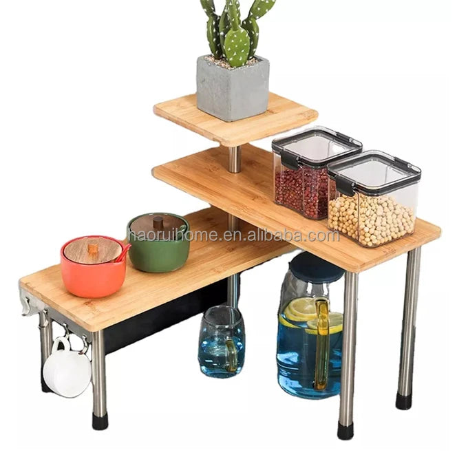 Corner Shelf Bamboo Storage Spice Rack, 3 Tier Desk Bookshelf Shelves Space Saving Organizer for Kitchen, Bed Room, Office