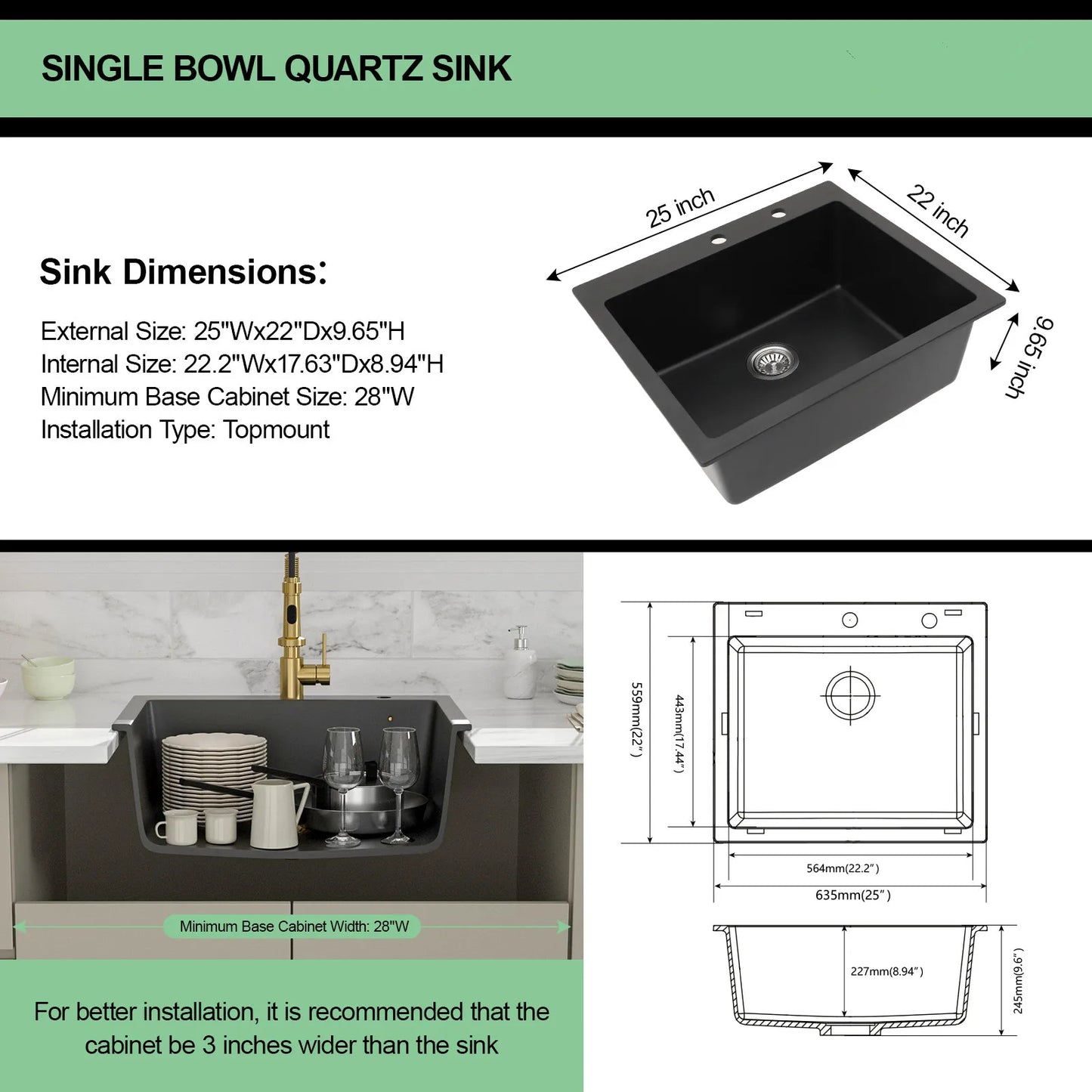Top Mount   Anti-Rust Anti-Scratch Noise-Free Drop-in Quartz Composite Single Bowl Kitchen Sinks Small Granite Kitchen Sinks