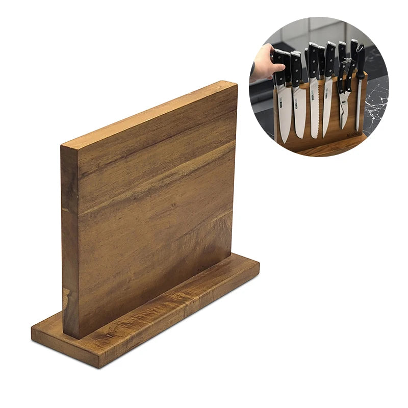 Hot-selling in Stock Double-sided Acacia Wood Magnetic Knife Holder Magnetic Knife Stand Kitchen Knife Organizer
