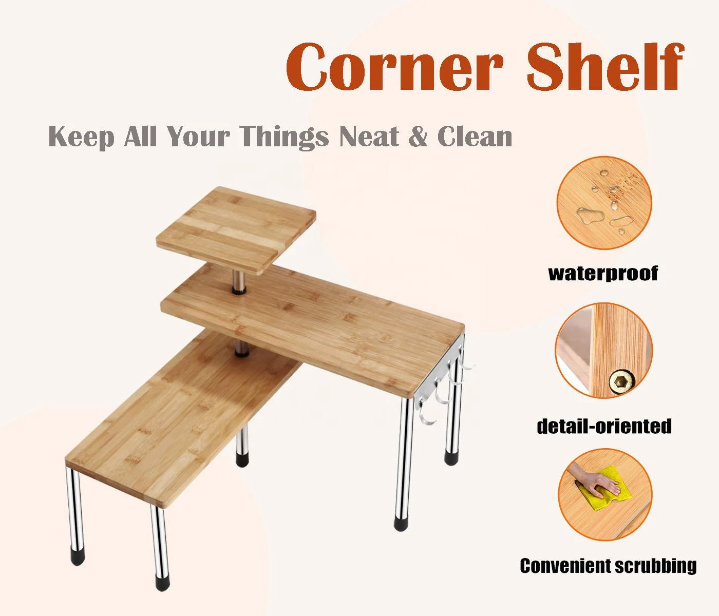 Corner Shelf Bamboo Storage Spice Rack, 3 Tier Desk Bookshelf Shelves Space Saving Organizer for Kitchen, Bed Room, Office