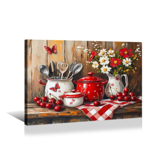 1pc Country Kitchen Decor Canvas: Utensils & Red-Checkered Table Print Canvas Artwork for Home Kitchen Decor