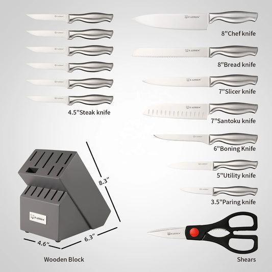 15 Pieces Non-slip Hollow Handle Stainless Steel Chef Knife Set with Wooden Block Kitchen Scissor