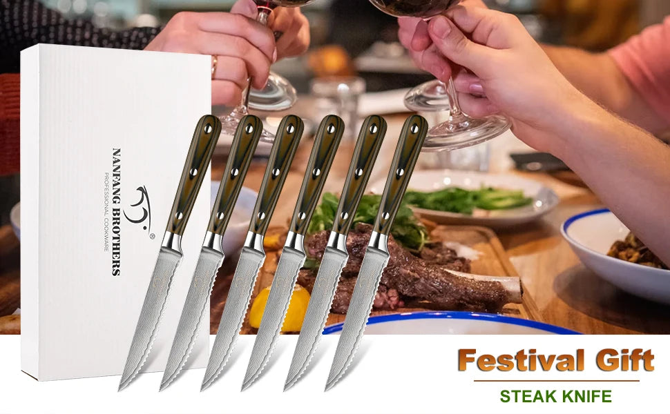 Kitchen Damascus Utility Steak Knife Set, 6-Piece Kitchen Knife Set with Bamboo Box,Non-slip G10 Ergonomic Triple Rivet Handle