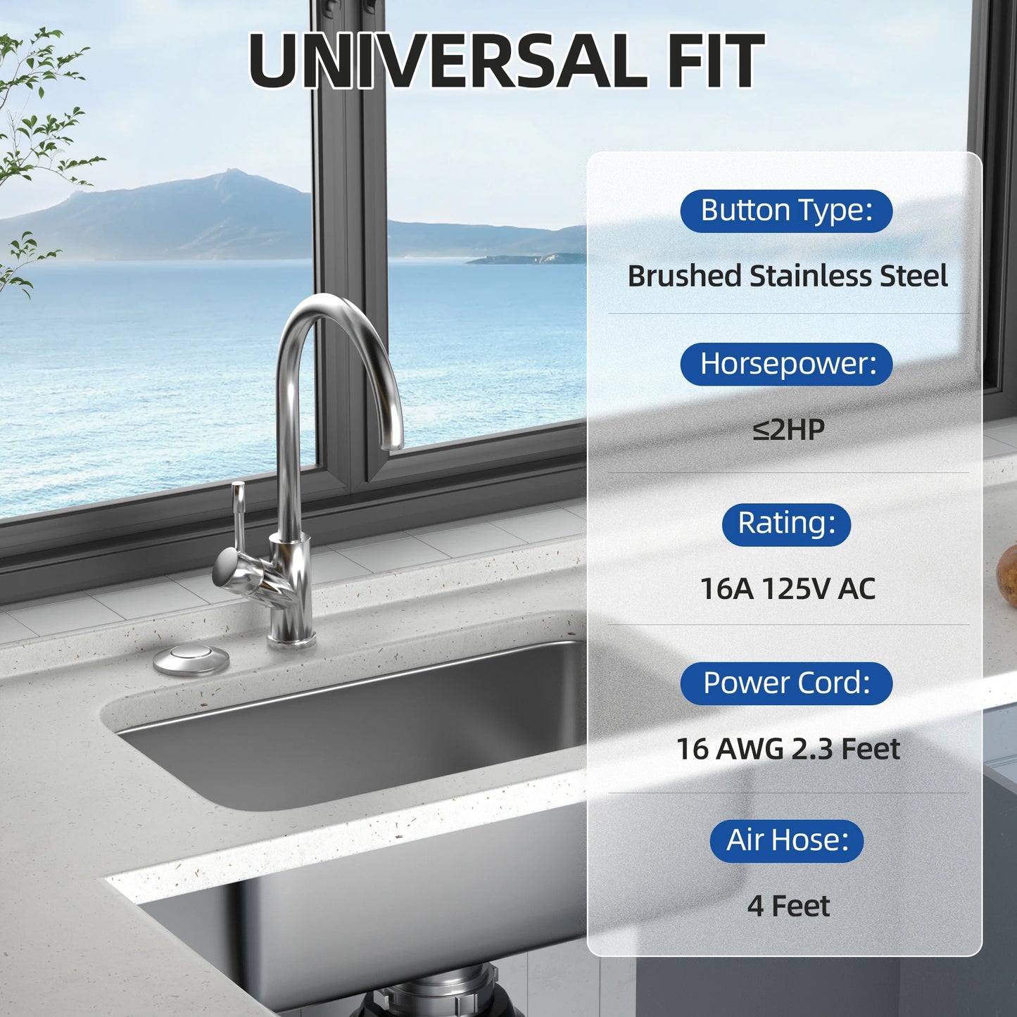 Heavy Duty Garbage Disposal Air Switch Brushed Stainless Steel Sink Top Push Button 16AWG Power Cord for Kitchen Countertop Use