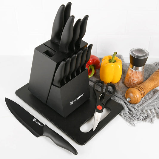 15+1 Pieces Professional Kitchen Knife Set with Plastic Cutting Board and Kitchen Shears and Non-slip PP Handle