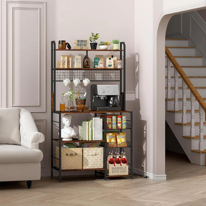 Kitchen Microwave Stand with Power Outlet: Bakers Rack Coffee Bar + Wire Basket, S-Hooks & Open Storage