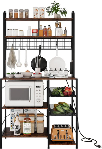 Kitchen Microwave Stand with Power Outlet: Bakers Rack Coffee Bar + Wire Basket, S-Hooks & Open Storage