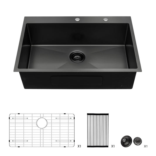 Handmade 28*22*10 Inches Small Single Bowl Kitchen Sink Gunmetal Black Drop-in 304 Stainless Steel with Two Holes