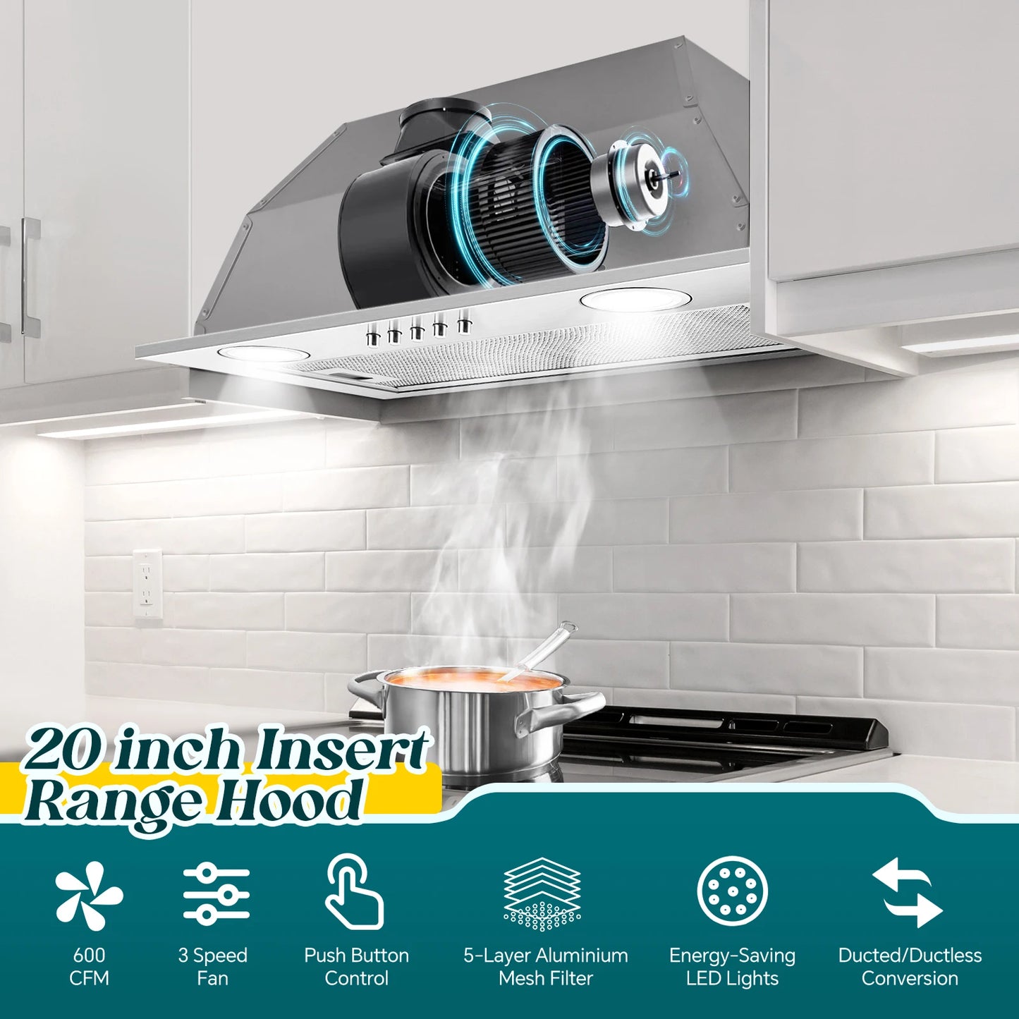 Range Hood Insert 20 Inch, Built-in Kitchen Hood 600CFM, Vent Hood Insert W/Mesh Filter, Push Button Control,w/ 3 Speed Fan