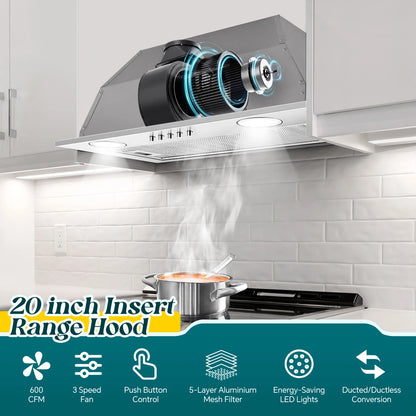 Range Hood Insert 20 Inch, Built-in Kitchen Hood 600CFM, Vent Hood Insert W/Mesh Filter, Push Button Control,w/ 3 Speed Fan