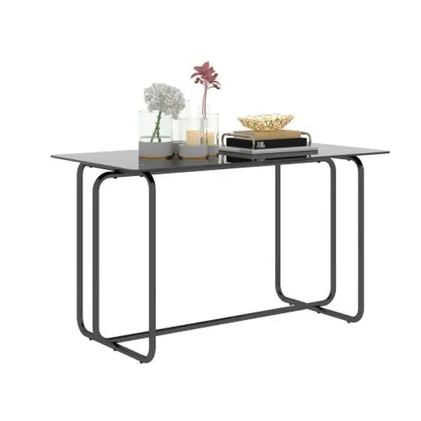 Black 1-Piece Rectangle Dining Table with Metal Frame Tempered Glass Kitchen Table Assembled Iron Dinning Table