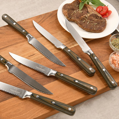 Kitchen Damascus Utility Steak Knife Set, 6-Piece Kitchen Knife Set with Bamboo Box,Non-slip G10 Ergonomic Triple Rivet Handle