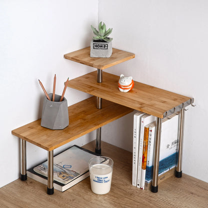 Corner Shelf Bamboo Storage Spice Rack, 3 Tier Desk Bookshelf Shelves Space Saving Organizer for Kitchen, Bed Room, Office