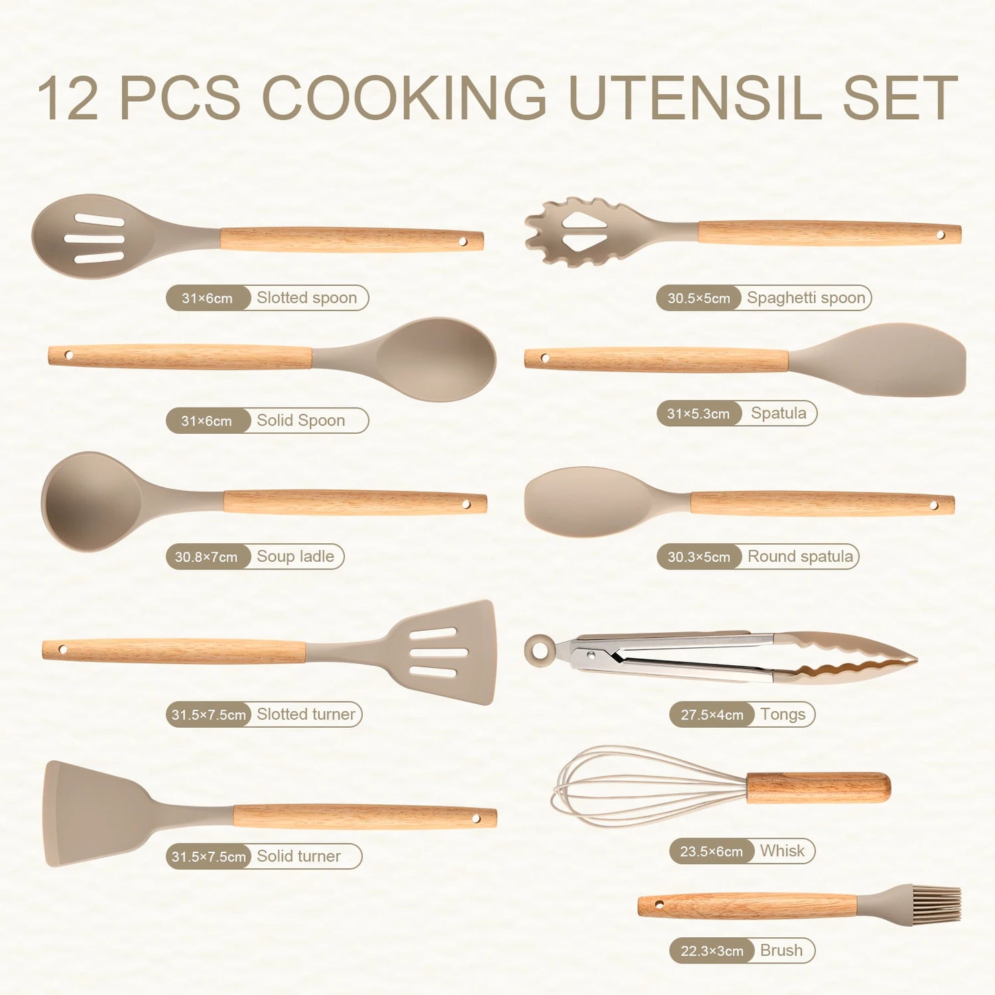 Non-Stick Silicon 12 Pcs Heat Resistant Wooden Handle Kitchen Cooking Utensils Set, Khaki Color