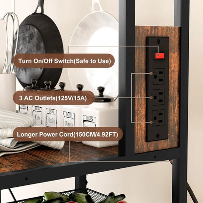 Kitchen Microwave Stand with Power Outlet: Bakers Rack Coffee Bar + Wire Basket, S-Hooks & Open Storage