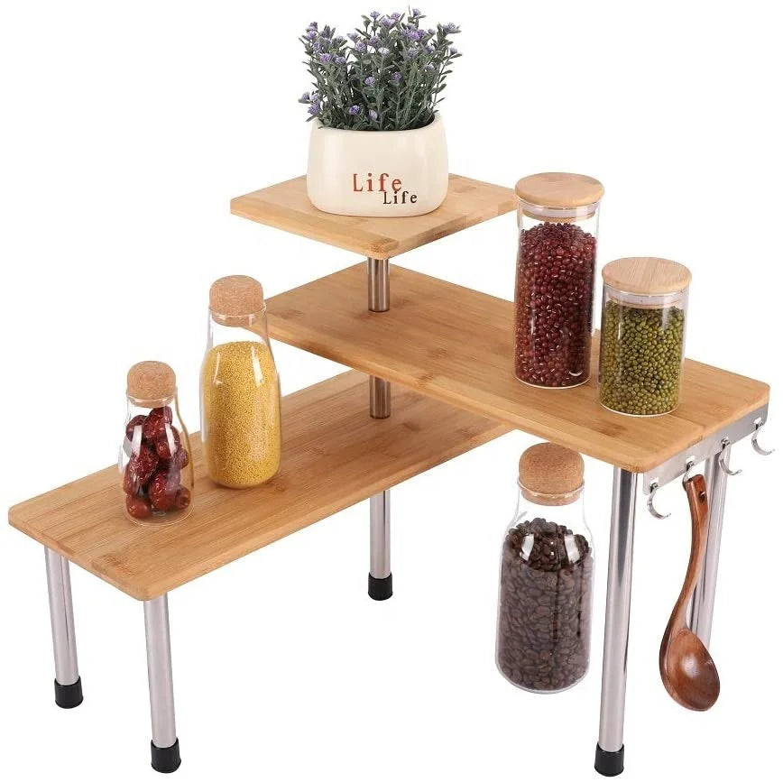 Corner Shelf Bamboo Storage Spice Rack, 3 Tier Desk Bookshelf Shelves Space Saving Organizer for Kitchen, Bed Room, Office