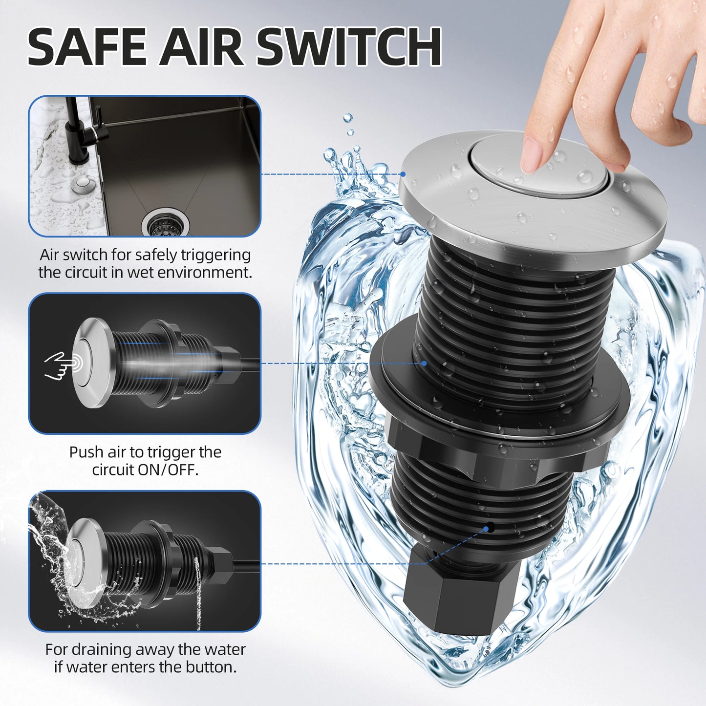 Heavy Duty Garbage Disposal Air Switch Brushed Stainless Steel Sink Top Push Button 16AWG Power Cord for Kitchen Countertop Use
