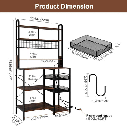 Kitchen Microwave Stand with Power Outlet: Bakers Rack Coffee Bar + Wire Basket, S-Hooks & Open Storage
