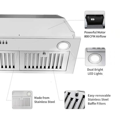 Range Hood Insert 36 Inch 600CFM Stainless Steel Household Built-in Vent Hood , Kitchen Ventilation Stove Exhaust Fan,