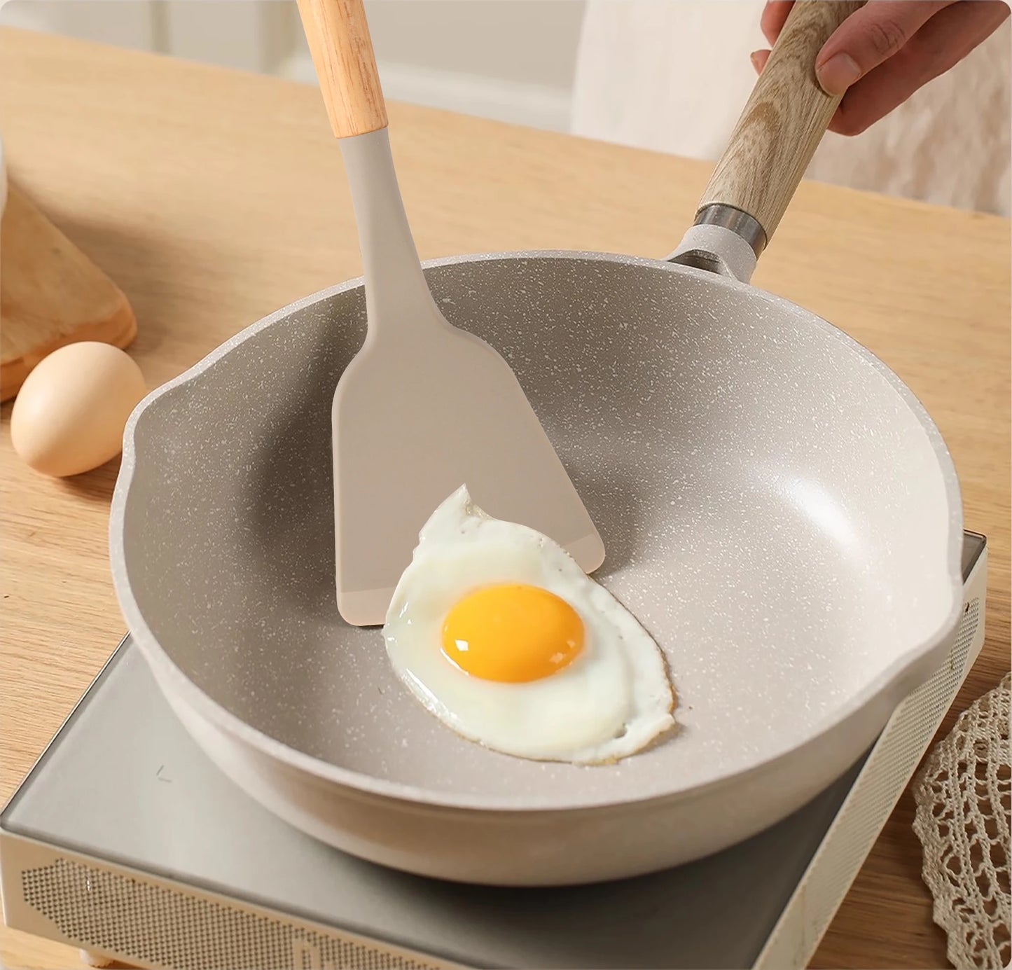 Non-Stick Silicon 12 Pcs Heat Resistant Wooden Handle Kitchen Cooking Utensils Set, Khaki Color