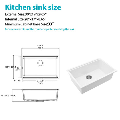 Hot Sale 30inch Quartz Single Bowl Sink Granite Composite White Sink  for Kitchen