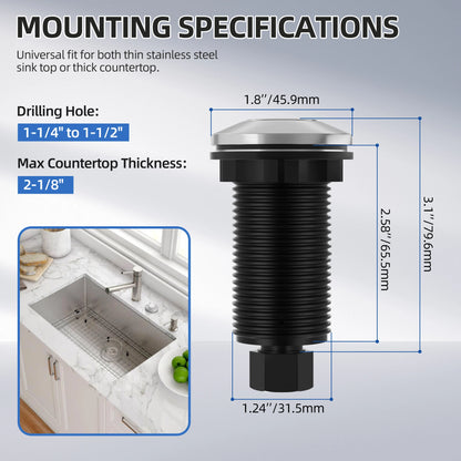 Heavy Duty Garbage Disposal Air Switch Brushed Stainless Steel Sink Top Push Button 16AWG Power Cord for Kitchen Countertop Use