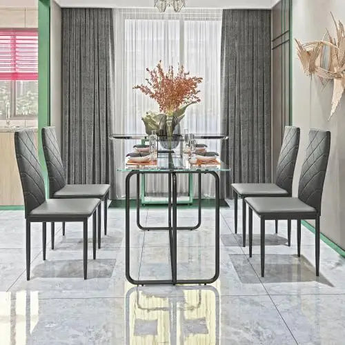 Black 1-Piece Rectangle Dining Table with Metal Frame Tempered Glass Kitchen Table Assembled Iron Dinning Table