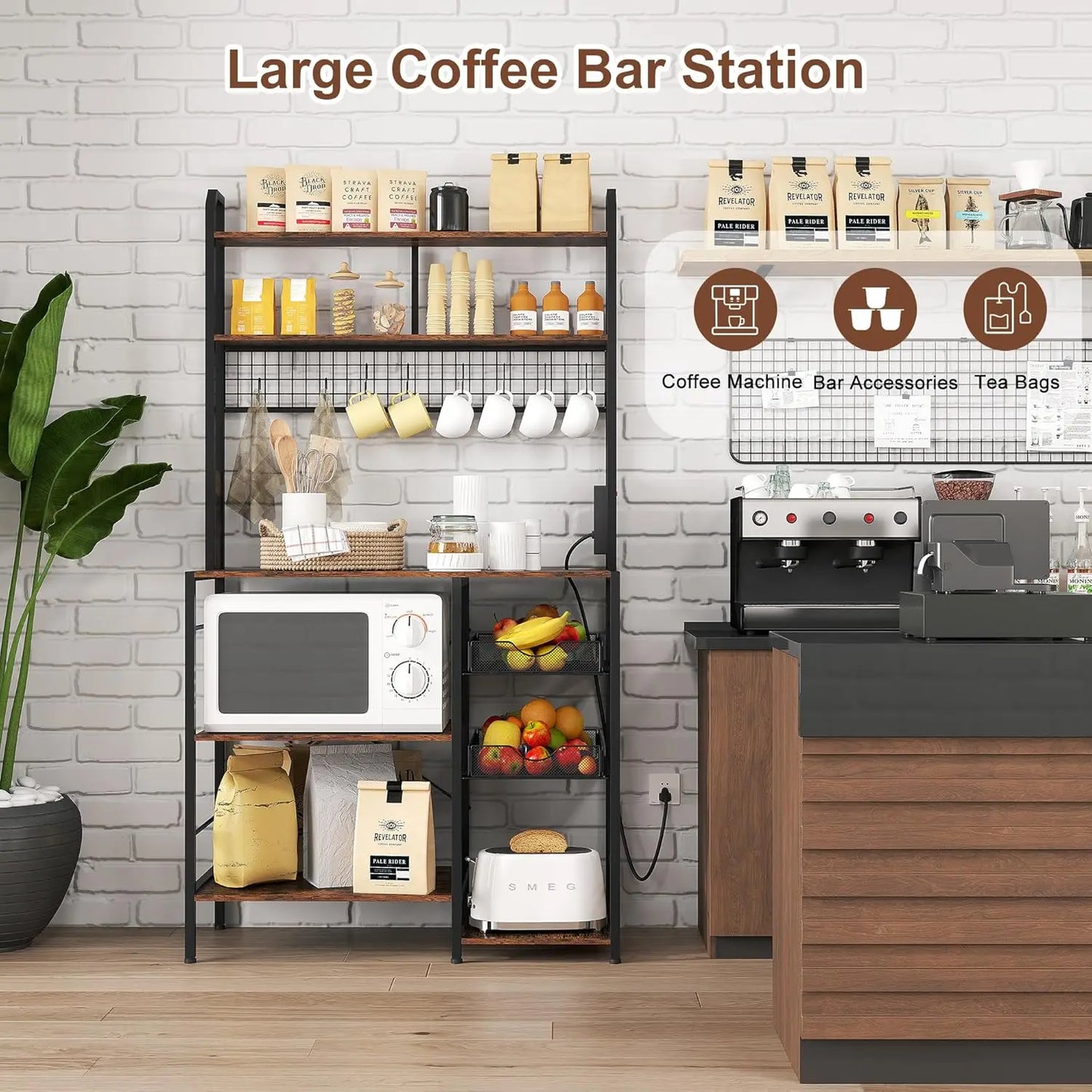 Kitchen Microwave Stand with Power Outlet: Bakers Rack Coffee Bar + Wire Basket, S-Hooks & Open Storage
