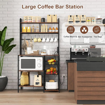 Kitchen Microwave Stand with Power Outlet: Bakers Rack Coffee Bar + Wire Basket, S-Hooks & Open Storage