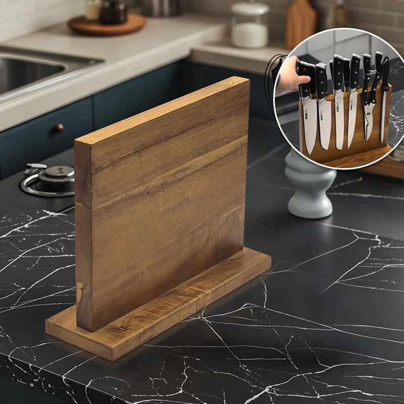 Hot-selling in Stock Double-sided Acacia Wood Magnetic Knife Holder Magnetic Knife Stand Kitchen Knife Organizer