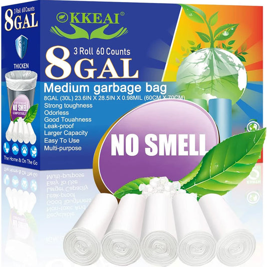 8 Gallon Trash Bags 30L Garbage Bags Medium White Kitchen Trash Bags Wastebasket Liners for Bathroom,Home Office, Lawn,60 Count