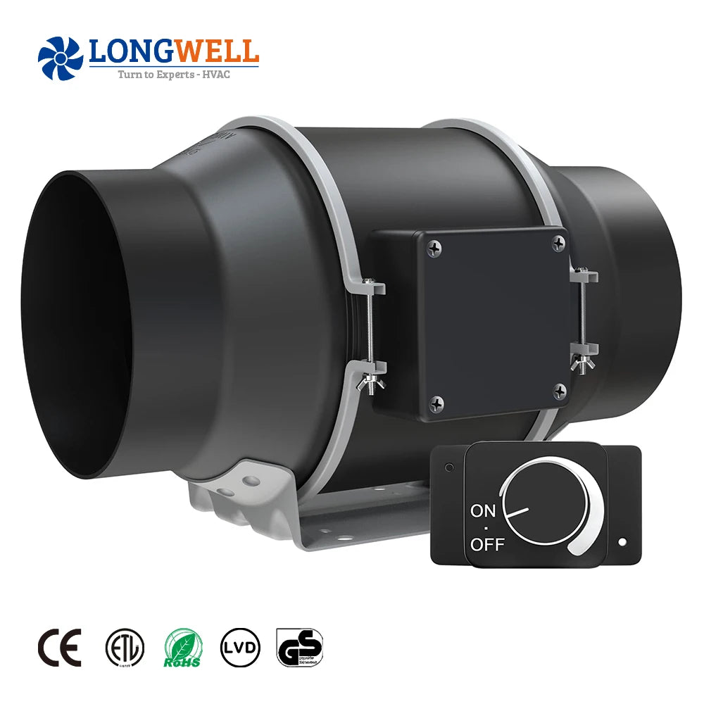 LONGWELL CE Rohs Silent 4'' EC Inline Duct Fan Exhaust Home Duct Ventilation Fan for Bathroom Kitchen Basement Hydroponics