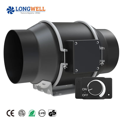 LONGWELL CE Rohs Silent 4'' EC Inline Duct Fan Exhaust Home Duct Ventilation Fan for Bathroom Kitchen Basement Hydroponics