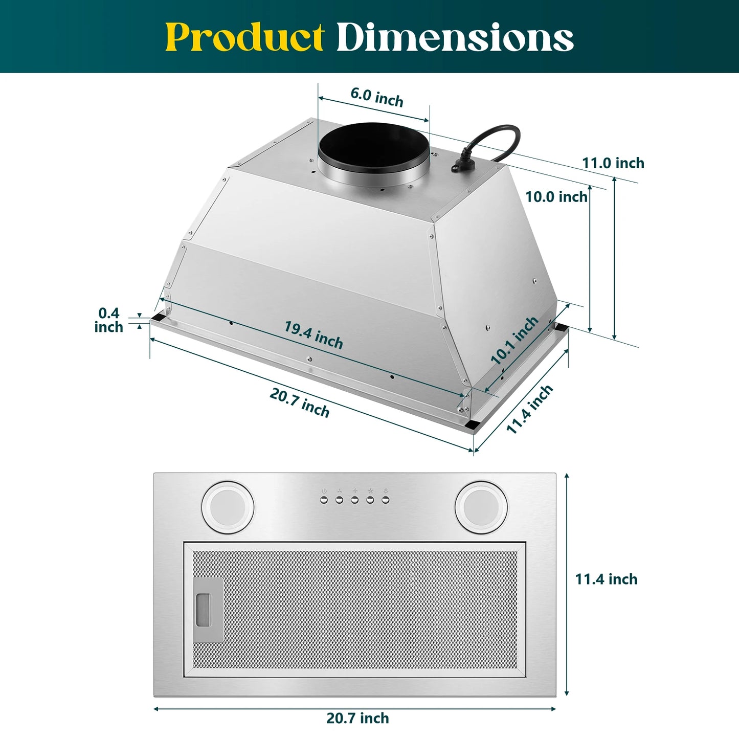 Range Hood Insert 20 Inch, Built-in Kitchen Hood 600CFM, Vent Hood Insert W/Mesh Filter, Push Button Control,w/ 3 Speed Fan