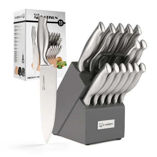 15 Pieces Non-slip Hollow Handle Stainless Steel Chef Knife Set with Wooden Block Kitchen Scissor